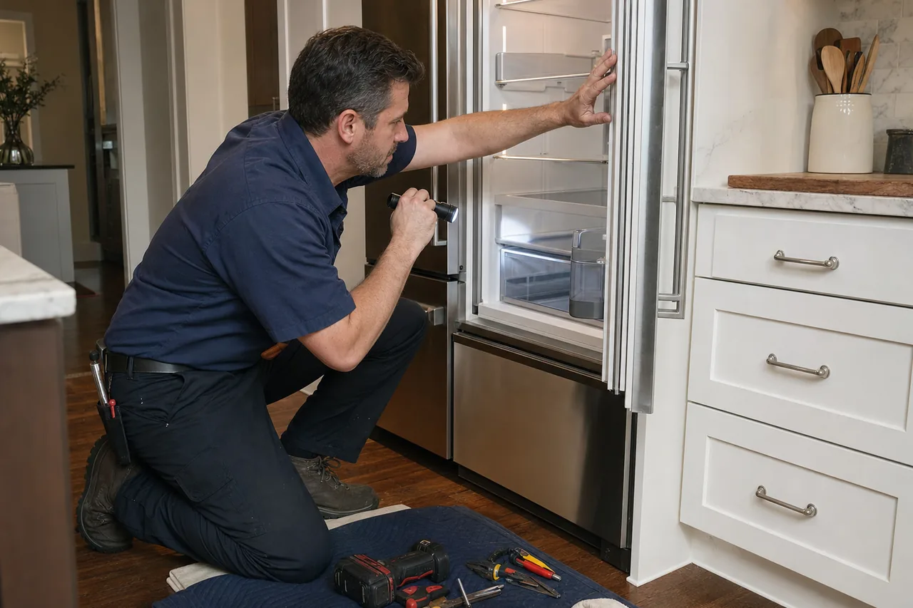 Technician repairing a built-in refrigerator mid-repair