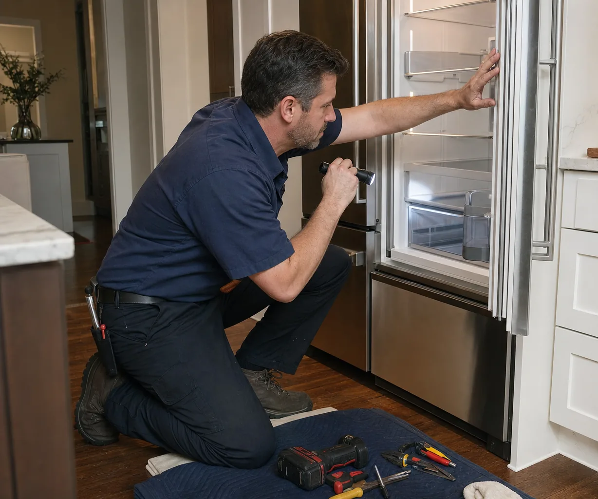 Technician repairing a built-in refrigerator in a Garden City kitchen