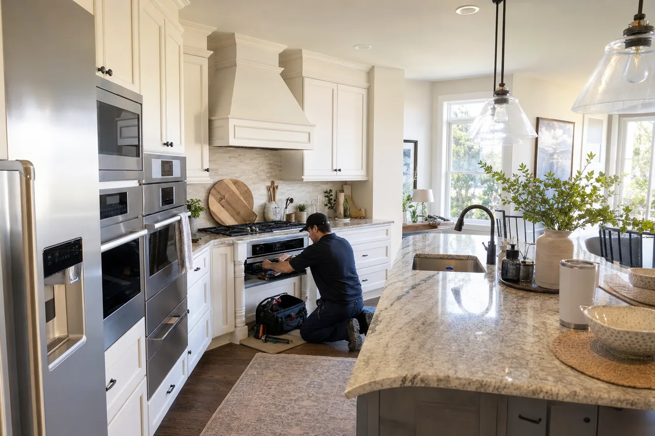 A luxury kitchen with built-in stainless appliances in a Garden City kitchen