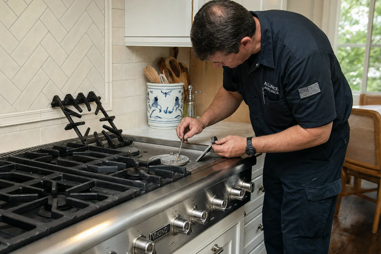 Technician servicing a stainless Viking range on a same-day visit
